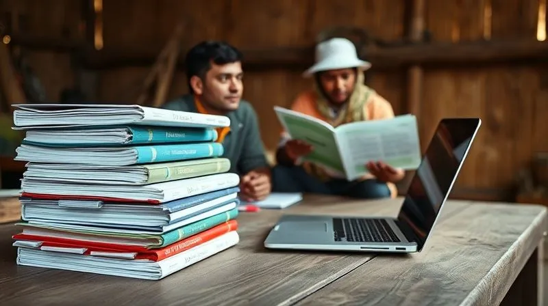 photorealistic, professional photography, 8K, cinematic lighting, sharp focus, depth of field, shot on a high-end DSLR. A stack of neatly organized project binders and a laptop displaying a well-structured digital report on a rustic wooden table. In the background, a local community member is attentively reviewing a document with a Western volunteer, symbolizing knowledge transfer and continuity. Soft, warm light illuminates the scene.