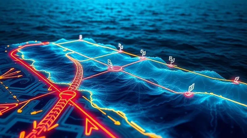 photorealistic, professional photography, 8K, cinematic lighting, sharp focus, depth of field, shot on a high-end DSLR. A detailed, illuminated 3D topographical map of the ocean floor, with colored arrows indicating swell direction and wave energy propagation towards a coastline, overlayed with storm system icons in the distant ocean. The scene is highly technical yet visually captivating, conveying scientific precision.