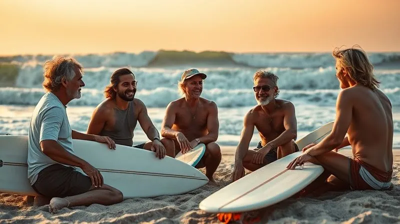 photorealistic, professional photography, 8K, cinematic lighting, sharp focus, depth of field, shot on a high-end DSLR. A group of seasoned, sun-weathered local surfers, diverse in age and background, sharing stories and laughter on a beach at sunset, their surfboards resting in the sand. The scene exudes camaraderie, deep connection to the ocean, and unspoken wisdom, with perfect waves breaking in the background.
