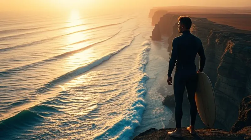 photorealistic, professional photography, 8K, cinematic lighting, sharp focus, depth of field, shot on a high-end DSLR. A wide-angle view of a dramatic coastline at dawn, with a professional surfer standing on a cliff edge, intently observing perfectly peeling waves breaking below. The light is golden, highlighting the intricate patterns of the waves and the concentration on the surfer's face. The scene conveys deep contemplation and strategic observation.