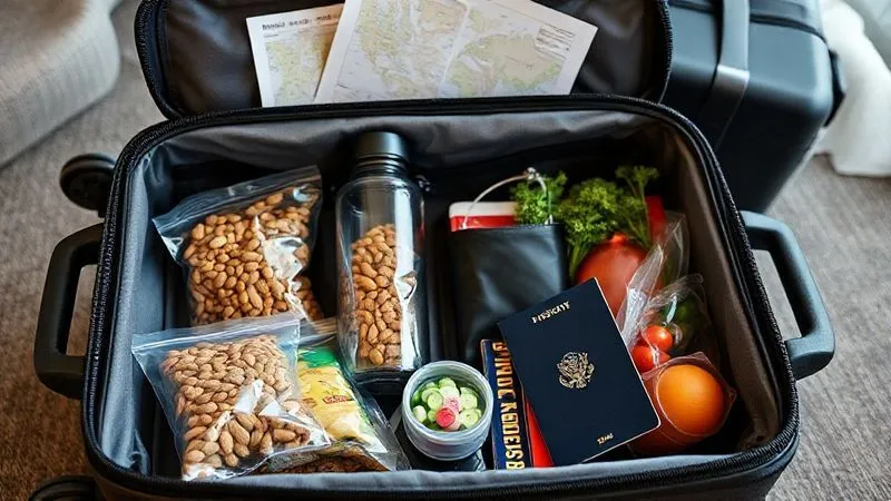 A photorealistic, professional photography, 8K, cinematic lighting, sharp focus on an open suitcase meticulously organized with healthy travel snacks: individual bags of almonds, dried fruit, protein bars, a reusable water bottle, and a small container of pre-cut vegetables. The background shows a travel itinerary and passport, with depth of field blurring the hotel room setting, shot on a high-end DSLR.