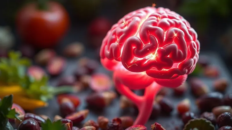 A photorealistic, professional photography, 8K, cinematic lighting, sharp focus on an abstract representation of the gut-brain axis, with subtle neural pathways connecting a stylized gut (showing healthy microbes) to a glowing brain. Healthy food elements like colorful vegetables and fruits are subtly integrated into the scene, with depth of field creating a sense of scientific wonder, shot on a high-end DSLR.