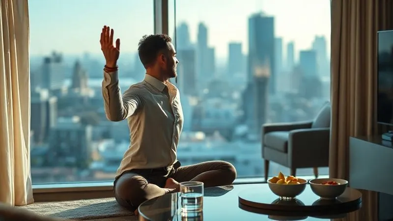 A photorealistic, professional photography, 8K, cinematic lighting, sharp focus on a serene business traveler in a modern hotel room, performing a gentle yoga stretch or meditating. A glass of water and a small bowl of fruit are on a nearby table, with the city skyline subtly blurred in the background through a large window, depth of field highlighting the traveler's calm demeanor, shot on a high-end DSLR.