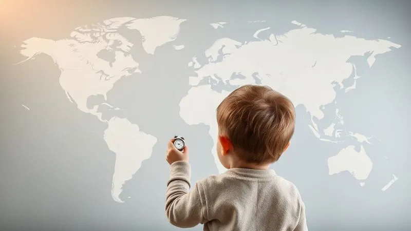 A photorealistic world map with subtle time zone lines, showing a parent gently moving a small clock icon across zones, with a calm toddler observing. Professional photography, 8K, cinematic lighting, sharp focus, depth of field, shot on a high-end DSLR.