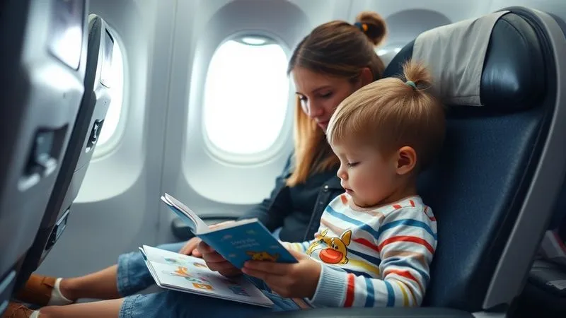 A photorealistic image of a toddler calmly engaged with a quiet activity (e.g., sticker book, small puzzle) in an airplane seat, with a parent gently assisting. The cabin is softly lit, showing a sense of peace amidst travel. Professional photography, 8K, cinematic lighting, sharp focus, depth of field, shot on a high-end DSLR.