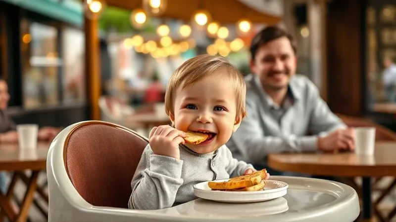 A photorealistic image of a happy toddler sitting in a high chair at an outdoor cafe in a vibrant international city, eagerly trying a small bite of a local, child-friendly food (e.g., a piece of fruit or bread). A parent smiles gently in the background. Professional photography, 8K, cinematic lighting, sharp focus, depth of field, shot on a high-end DSLR.