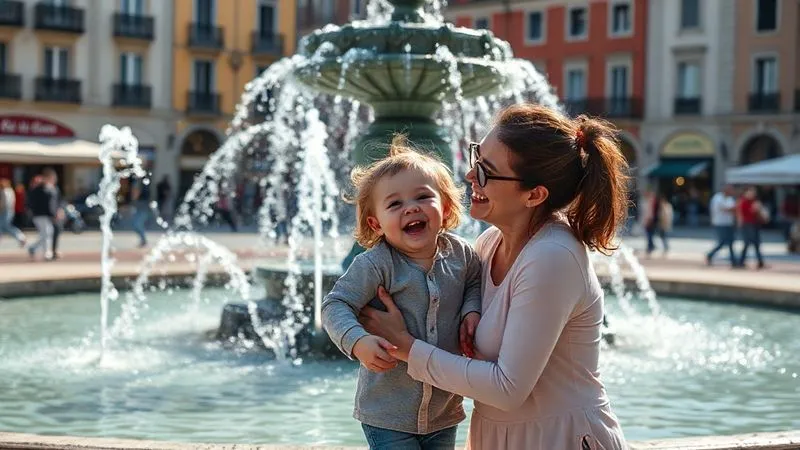 A photorealistic image of a parent and a toddler laughing and playing spontaneously by a beautiful fountain in a European city square, embracing a joyful, unplanned moment. The scene is bright and lively. Professional photography, 8K, cinematic lighting, sharp focus, depth of field, shot on a high-end DSLR.