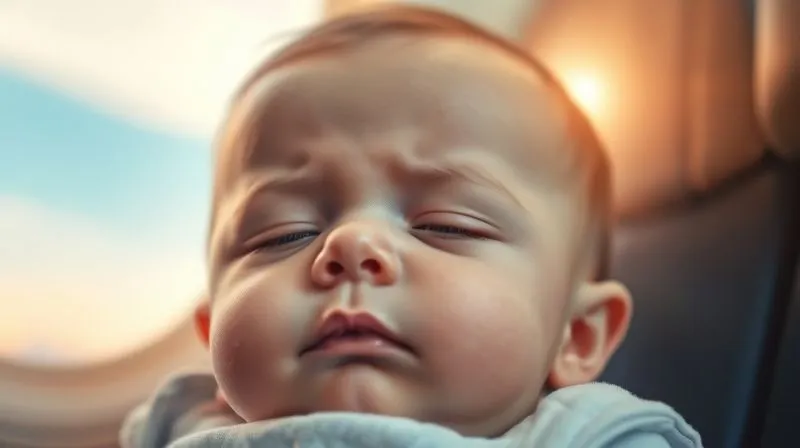 A photorealistic close-up of a baby's face, looking slightly confused or sleepy, with a blurred airplane window in the background, soft, warm light, conveying the subtle disorientation of jet lag. professional photography, 8K, cinematic lighting, sharp focus, depth of field, shot on a high-end DSLR. A photorealistic close-up of a baby's face, looking slightly confused or sleepy, with a blurred airplane window in the background, soft, warm light, conveying the subtle disorientation of jet lag. professional photography, 8K, cinematic lighting, sharp focus, depth of field, shot on a high-end DSLR.