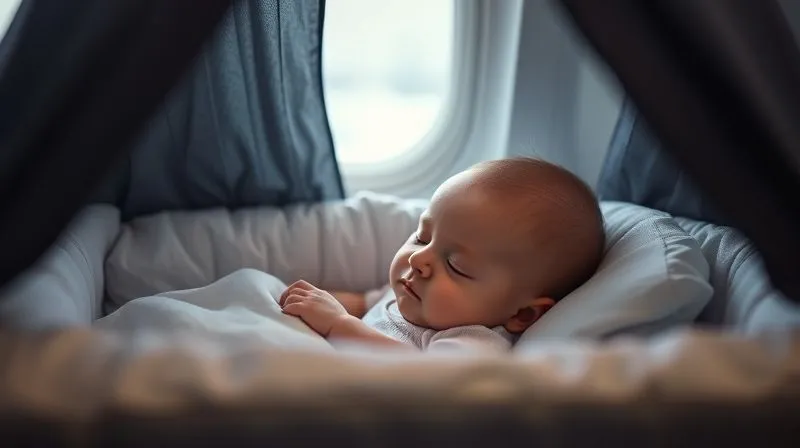 A photorealistic image of a baby sleeping peacefully in an airplane bassinet, covered with a soft, dark, breathable fabric creating a mini blackout tent. Subtle airplane window light in the background. professional photography, 8K, cinematic lighting, sharp focus, depth of field, shot on a high-end DSLR. A photorealistic image of a baby sleeping peacefully in an airplane bassinet, covered with a soft, dark, breathable fabric creating a mini blackout tent. Subtle airplane window light in the background. professional photography, 8K, cinematic lighting, sharp focus, depth of field, shot on a high-end DSLR.