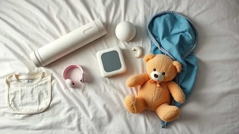 A photorealistic flat lay of essential baby travel sleep items: a rolled-up portable blackout blind, a compact white noise machine, a soft baby sleep sack, and a well-loved teddy bear, all neatly arranged on a neutral hotel bedspread. professional photography, 8K, cinematic lighting, sharp focus, depth of field, shot on a high-end DSLR. A photorealistic flat lay of essential baby travel sleep items: a rolled-up portable blackout blind, a compact white noise machine, a soft baby sleep sack, and a well-loved teddy bear, all neatly arranged on a neutral hotel bedspread. professional photography, 8K, cinematic lighting, sharp focus, depth of field, shot on a high-end DSLR.