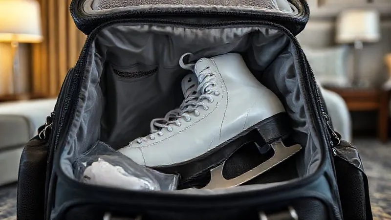 A photorealistic, professional photography, 8K image of a high-quality, durable ice skate bag with padded, ventilated compartments, open to reveal a pair of figure skates resting in hard guards and soft soakers. A small bag of silica gel is visible next to the skates. Cinematic lighting, sharp focus on the skates and bag interior, depth of field blurring a hotel room background, shot on a high-end DSLR, conveying meticulous care. A photorealistic, professional photography, 8K image of a high-quality, durable ice skate bag with padded, ventilated compartments, open to reveal a pair of figure skates resting in hard guards and soft soakers. A small bag of silica gel is visible next to the skates. Cinematic lighting, sharp focus on the skates and bag interior, depth of field blurring a hotel room background, shot on a high-end DSLR, conveying meticulous care.