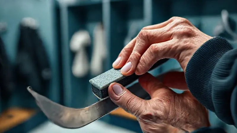 A close-up, photorealistic, professional photography, 8K image of a skater's hand carefully using a fine-grit ceramic honing stone along the side of an ice skate blade. The blade is securely held, and the focus is on the precise motion of honing. Cinematic lighting, sharp focus on the blade and stone, depth of field blurring the background of a locker room, shot on a high-end DSLR, emphasizing precision and care. A close-up, photorealistic, professional photography, 8K image of a skater's hand carefully using a fine-grit ceramic honing stone along the side of an ice skate blade. The blade is securely held, and the focus is on the precise motion of honing. Cinematic lighting, sharp focus on the blade and stone, depth of field blurring the background of a locker room, shot on a high-end DSLR, emphasizing precision and care.