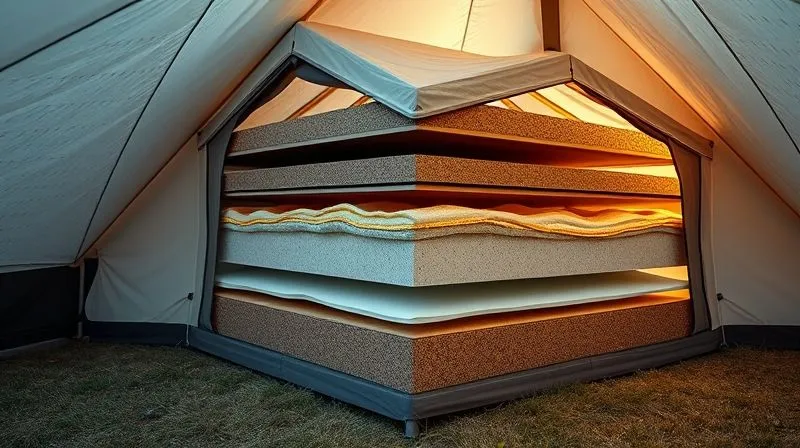 A detailed cross-section diagram of a high-tech, multi-layered glamping tent wall, showing different material layers like reflective coating, insulation, and breathable fabric, with small arrows indicating heat reflection and air flow. photorealistic, professional photography, 8K, cinematic lighting, sharp focus, depth of field, shot on a high-end DSLR, technical and clean aesthetic. A detailed cross-section diagram of a high-tech, multi-layered glamping tent wall, showing different material layers like reflective coating, insulation, and breathable fabric, with small arrows indicating heat reflection and air flow. photorealistic, professional photography, 8K, cinematic lighting, sharp focus, depth of field, shot on a high-end DSLR, technical and clean aesthetic.