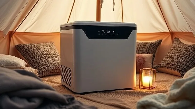 A sleek, modern portable glamping heater/cooler unit with an intuitive digital display, placed elegantly inside a luxurious glamping tent, surrounded by soft blankets and tasteful decor, with a subtle glow emanating from the unit. photorealistic, professional photography, 8K, cinematic lighting, sharp focus, depth of field, shot on a high-end DSLR. A sleek, modern portable glamping heater/cooler unit with an intuitive digital display, placed elegantly inside a luxurious glamping tent, surrounded by soft blankets and tasteful decor, with a subtle glow emanating from the unit. photorealistic, professional photography, 8K, cinematic lighting, sharp focus, depth of field, shot on a high-end DSLR.