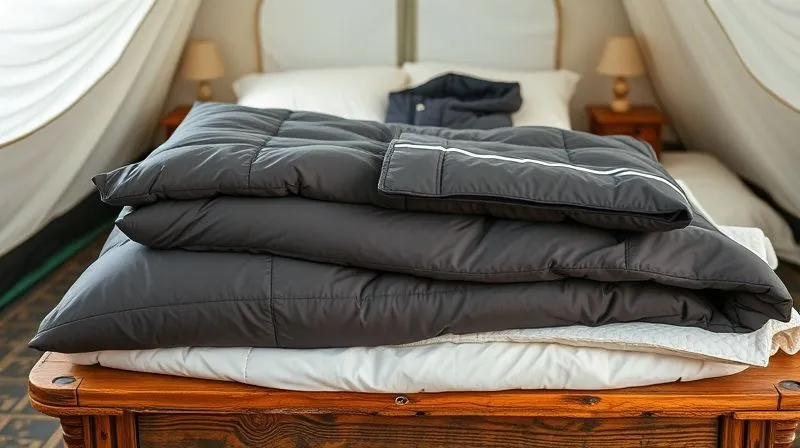 A beautifully arranged set of high-performance luxury outdoor clothing (merino wool base layers, a lightweight down jacket, a waterproof shell) folded neatly alongside plush, breathable bedding (linen sheets, a soft duvet, a thick sleeping pad) on a rustic wooden surface in a glamping tent. photorealistic, professional photography, 8K, cinematic lighting, sharp focus, depth of field, shot on a high-end DSLR. A beautifully arranged set of high-performance luxury outdoor clothing (merino wool base layers, a lightweight down jacket, a waterproof shell) folded neatly alongside plush, breathable bedding (linen sheets, a soft duvet, a thick sleeping pad) on a rustic wooden surface in a glamping tent. photorealistic, professional photography, 8K, cinematic lighting, sharp focus, depth of field, shot on a high-end DSLR.