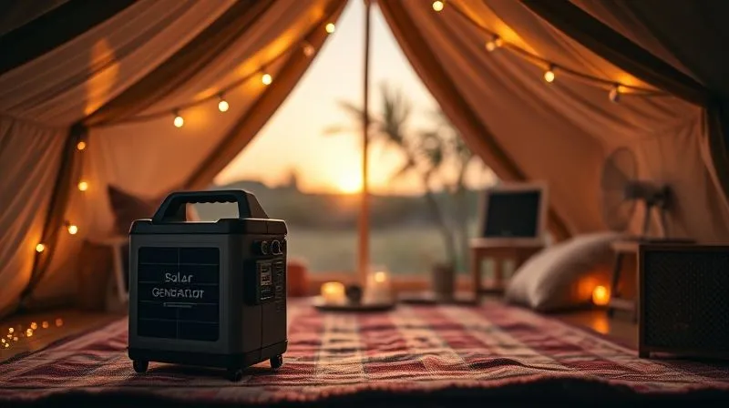 A compact, silent solar generator with a sleek design, powering string lights and a small, elegant fan inside a beautifully decorated glamping tent, with solar panels subtly visible outside the tent catching the sunlight. photorealistic, professional photography, 8K, cinematic lighting, sharp focus on the generator and fan, depth of field blurring the background, shot on a high-end DSLR, conveying modern luxury and sustainability. A compact, silent solar generator with a sleek design, powering string lights and a small, elegant fan inside a beautifully decorated glamping tent, with solar panels subtly visible outside the tent catching the sunlight. photorealistic, professional photography, 8K, cinematic lighting, sharp focus on the generator and fan, depth of field blurring the background, shot on a high-end DSLR, conveying modern luxury and sustainability.