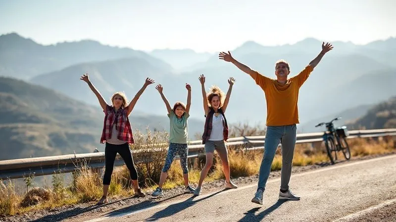Photorealistic image of a family stretching and doing light exercises at a scenic roadside rest stop with mountains in the background, bright daylight, professional photography, 8K, cinematic lighting, sharp focus on the family, depth of field blurring the distant mountains, shot on a high-end DSLR. Photorealistic image of a family stretching and doing light exercises at a scenic roadside rest stop with mountains in the background, bright daylight, professional photography, 8K, cinematic lighting, sharp focus on the family, depth of field blurring the distant mountains, shot on a high-end DSLR.
