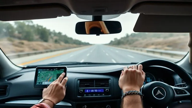 Photorealistic image of a car dashboard with a GPS displaying a clear route, a smartphone charging, and a parent's hand lightly resting on the steering wheel, indicating calm control. Professional photography, 8K, cinematic lighting, sharp focus on the dashboard, depth of field blurring the road ahead, shot on a high-end DSLR. Photorealistic image of a car dashboard with a GPS displaying a clear route, a smartphone charging, and a parent's hand lightly resting on the steering wheel, indicating calm control. Professional photography, 8K, cinematic lighting, sharp focus on the dashboard, depth of field blurring the road ahead, shot on a high-end DSLR.