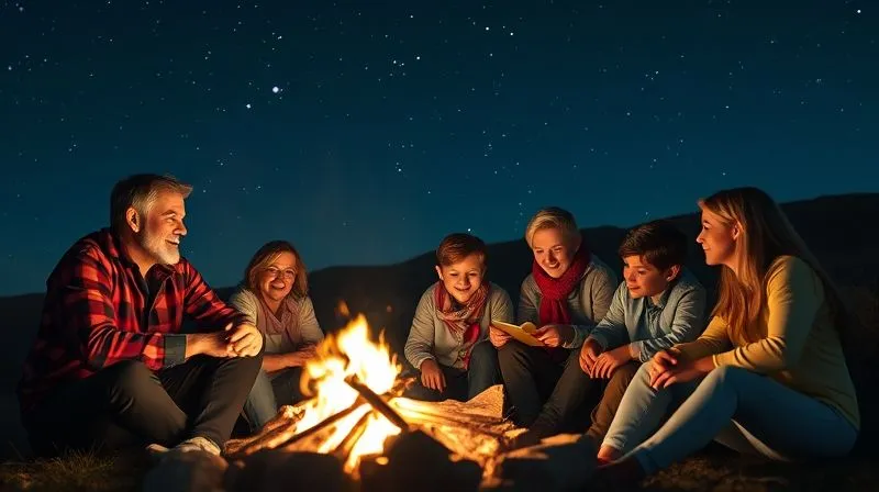photorealistic, professional photography, 8K, cinematic lighting, sharp focus, depth of field, shot on a high-end DSLR. A diverse family (parents, two children) sitting around a campfire under a starry night sky, telling stories and laughing. The firelight illuminates their faces, showing genuine emotion and connection, with travel memorabilia subtly placed around them.