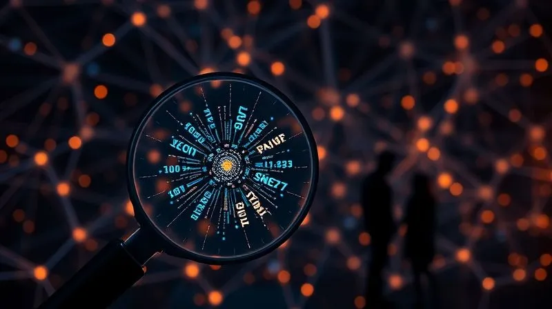 photorealistic, professional photography, 8K, cinematic lighting, sharp focus, depth of field, shot on a high-end DSLR. A complex, interconnected web of glowing data points and lines, symbolizing semantic SEO and long-tail keywords. In the foreground, a magnifying glass focuses on a specific, intricate cluster of data, indicating niche targeting, with a subtle family silhouette in the background.