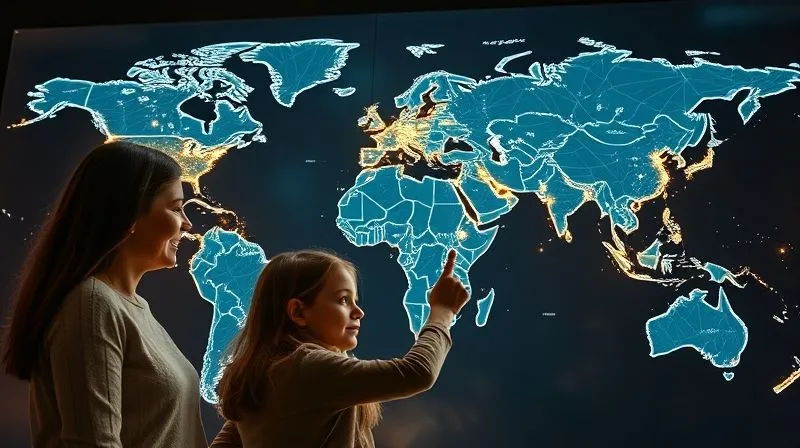 photorealistic, professional photography, 8K, cinematic lighting, sharp focus, depth of field, shot on a high-end DSLR. A family (parents and children) looking at a holographic, interactive world map, overlaid with glowing data points and lines representing website analytics and travel routes. The family is engaged, pointing at specific data clusters, symbolizing data-driven travel planning and blog optimization.
