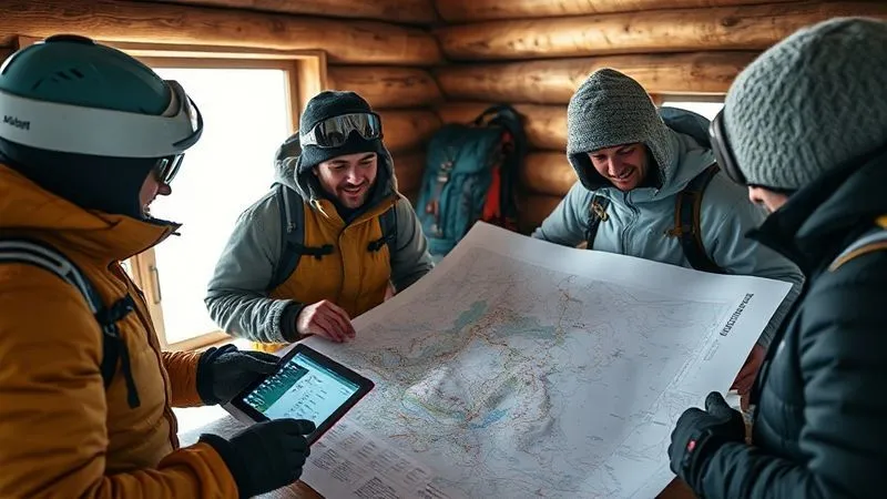 Photorealistic, professional photography, 8K, cinematic lighting, sharp focus, depth of field. A group of backcountry skiers huddled around a large paper map and a tablet displaying a digital avalanche forecast and weather data. They are in a cozy, well-lit mountain cabin, pointing at features on the map, with backpacks and safety gear visible in the background, conveying meticulous pre-trip planning.
