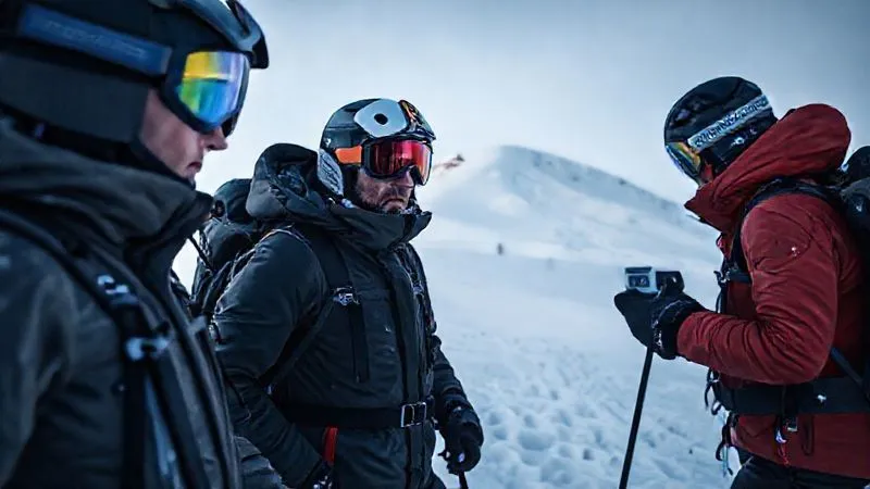 Photorealistic, professional photography, 8K, cinematic lighting, sharp focus, depth of field. A small group of backcountry skiers, dressed in technical gear, paused on a snowy slope. One skier, with a focused expression, is pointing at a distant slope while another is consulting an inclinometer. The scene conveys a serious, collaborative decision-making process in challenging mountain terrain.