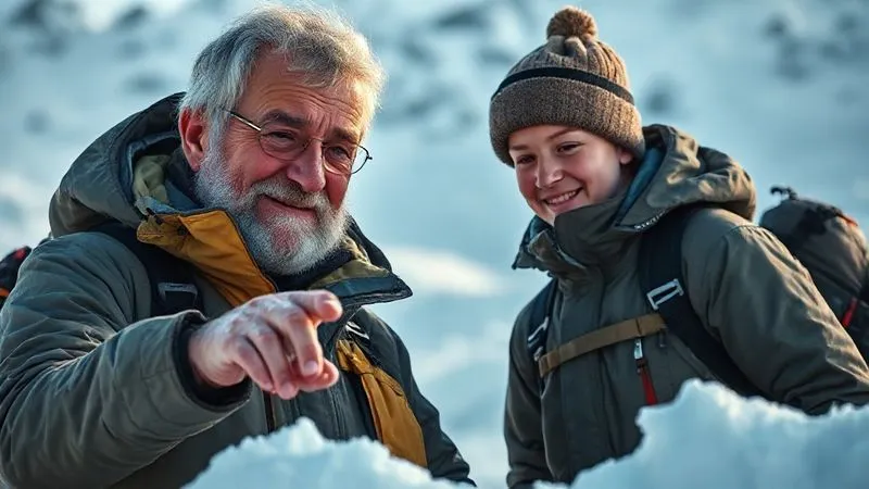 Photorealistic, professional photography, 8K, cinematic lighting, sharp focus, depth of field. An experienced, older backcountry guide with a weathered face and a warm smile, wearing a technical jacket, is pointing at a snowpit profile with a young, attentive student. They are in a serene, snowy mountain environment, conveying mentorship and the transfer of critical avalanche knowledge.