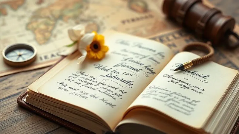 A photorealistic image of a beautifully designed, leather-bound travel journal open to a page with elegant calligraphy and a hand-drawn map. Nearby are vintage travel mementos like an antique compass and a pressed flower. Soft, warm cinematic lighting, sharp focus on the journal, depth of field blurring a map in the background. 8K hyper-detailed, professional photography. A photorealistic image of a beautifully designed, leather-bound travel journal open to a page with elegant calligraphy and a hand-drawn map. Nearby are vintage travel mementos like an antique compass and a pressed flower. Soft, warm cinematic lighting, sharp focus on the journal, depth of field blurring a map in the background. 8K hyper-detailed, professional photography.