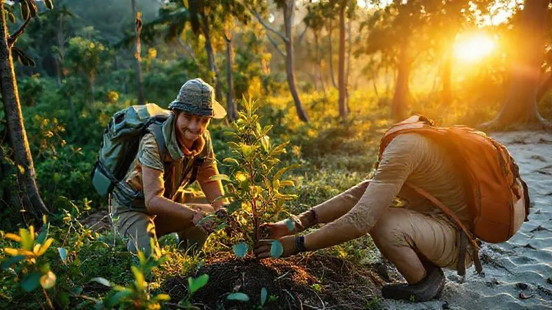 A photorealistic image of a traveler participating in a meaningful conservation effort, perhaps planting a tree in a lush, biodiverse forest or assisting with a marine clean-up on a pristine beach. The traveler is dressed in appropriate, high-quality outdoor gear, looking engaged and purposeful. Golden hour cinematic lighting, sharp focus on the activity, depth of field blurring the expansive natural landscape. 8K hyper-detailed, professional photography. A photorealistic image of a traveler participating in a meaningful conservation effort, perhaps planting a tree in a lush, biodiverse forest or assisting with a marine clean-up on a pristine beach. The traveler is dressed in appropriate, high-quality outdoor gear, looking engaged and purposeful. Golden hour cinematic lighting, sharp focus on the activity, depth of field blurring the expansive natural landscape. 8K hyper-detailed, professional photography.