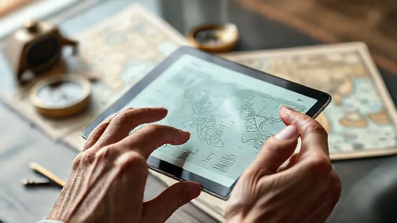A photorealistic image depicting the harmonious blend of technology and human expertise in luxury travel planning. In the foreground, elegant hands are gently scrolling through a sleek, futuristic digital itinerary on a transparent tablet, displaying intricate details of a bespoke journey. In the background, slightly blurred, are classic travel elements like a vintage map, a compass, and a pen, symbolizing the enduring human touch. Cinematic lighting, sharp focus on the tablet, depth of field. 8K hyper-detailed, professional photography. A photorealistic image depicting the harmonious blend of technology and human expertise in luxury travel planning. In the foreground, elegant hands are gently scrolling through a sleek, futuristic digital itinerary on a transparent tablet, displaying intricate details of a bespoke journey. In the background, slightly blurred, are classic travel elements like a vintage map, a compass, and a pen, symbolizing the enduring human touch. Cinematic lighting, sharp focus on the tablet, depth of field. 8K hyper-detailed, professional photography.