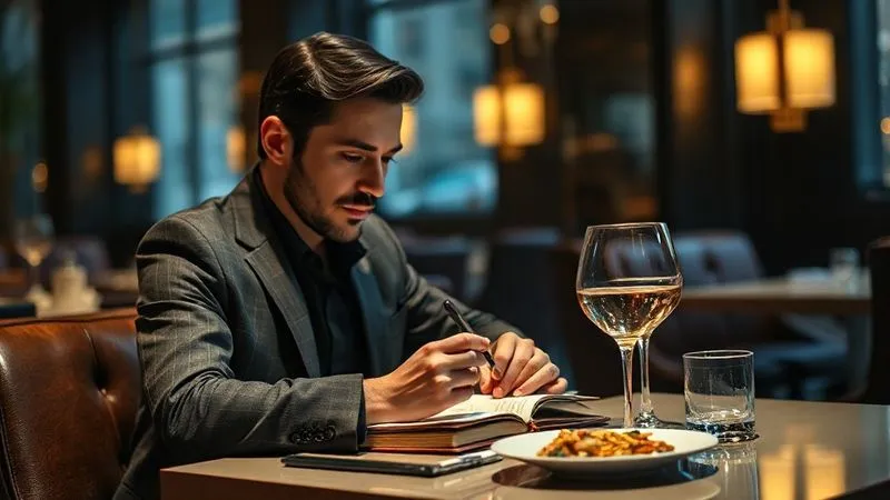 Photorealistic, professional photography, 8K, cinematic lighting, sharp focus, depth of field, shot on a high-end DSLR. A sophisticated business traveler, mid-30s, male or female, sitting alone at a chic restaurant table, subtly journaling in a leather-bound notebook. A glass of wine or water and a beautifully plated meal are on the table. The lighting is warm and inviting, creating an atmosphere of thoughtful contemplation and quiet productivity, not loneliness.