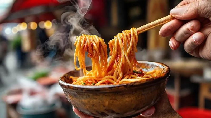 A close-up, photorealistic shot of a hand holding chopsticks, lifting a perfect bite of delicious, saucy street noodles from a rustic bowl. Steam rises gently, and the background is a blurred street market scene. Sharp focus on the noodles and chopsticks, 8K, professional photography, shot on a high-end DSLR, conveying a sense of authentic street food experience. A close-up, photorealistic shot of a hand holding chopsticks, lifting a perfect bite of delicious, saucy street noodles from a rustic bowl. Steam rises gently, and the background is a blurred street market scene. Sharp focus on the noodles and chopsticks, 8K, professional photography, shot on a high-end DSLR, conveying a sense of authentic street food experience.