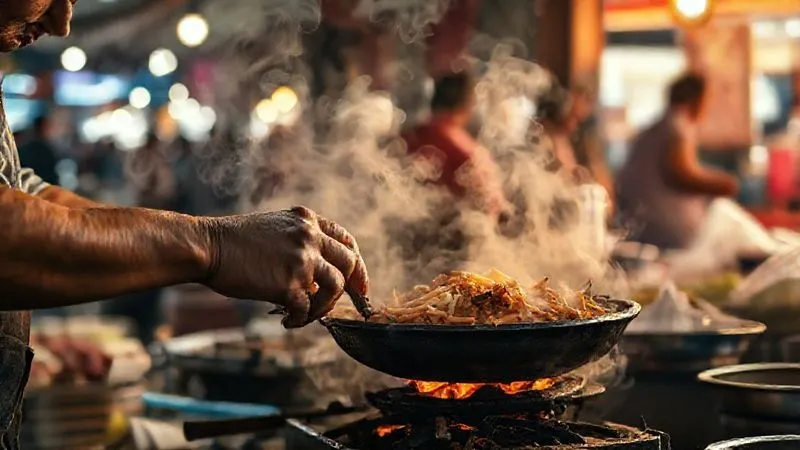 A candid, photorealistic shot of a street food vendor in a bustling market, their skilled hands preparing a rustic dish over an open flame. Smoke and steam rise, catching cinematic light. The background shows blurred market activity, conveying energy and authenticity. Sharp focus on the vendor's hands and the cooking process, 8K, professional photography, shot on a high-end DSLR. A candid, photorealistic shot of a street food vendor in a bustling market, their skilled hands preparing a rustic dish over an open flame. Smoke and steam rise, catching cinematic light. The background shows blurred market activity, conveying energy and authenticity. Sharp focus on the vendor's hands and the cooking process, 8K, professional photography, shot on a high-end DSLR.