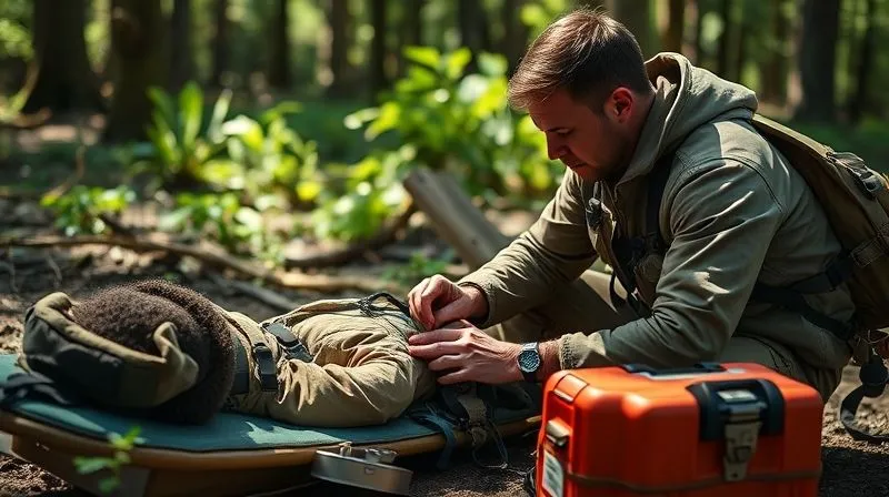 photorealistic, professional photography, 8K, cinematic lighting, sharp focus, depth of field, shot on a high-end DSLR. An adventure guide with a focused expression, kneeling beside a person lying on a makeshift stretcher, carefully checking their pulse and breathing in a rugged, sun-dappled forest clearing. Medical supplies are open nearby, conveying urgency and meticulous care. photorealistic, professional photography, 8K, cinematic lighting, sharp focus, depth of field, shot on a high-end DSLR. An adventure guide with a focused expression, kneeling beside a person lying on a makeshift stretcher, carefully checking their pulse and breathing in a rugged, sun-dappled forest clearing. Medical supplies are open nearby, conveying urgency and meticulous care.