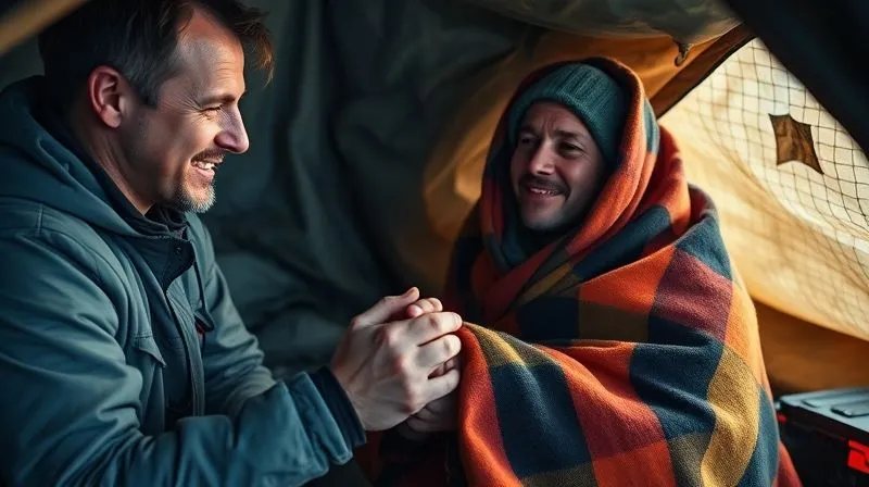 photorealistic, professional photography, 8K, cinematic lighting, sharp focus, depth of field, shot on a high-end DSLR. An adventure guide, looking empathetic and calm, holding the hand of a critically injured client wrapped in an emergency blanket inside a makeshift wilderness shelter. The client's face shows a mix of pain and relief, while the guide's expression conveys unwavering support and determination. The lighting is soft but functional, highlighting the human connection amidst the challenging environment. photorealistic, professional photography, 8K, cinematic lighting, sharp focus, depth of field, shot on a high-end DSLR. An adventure guide, looking empathetic and calm, holding the hand of a critically injured client wrapped in an emergency blanket inside a makeshift wilderness shelter. The client's face shows a mix of pain and relief, while the guide's expression conveys unwavering support and determination. The lighting is soft but functional, highlighting the human connection amidst the challenging environment.