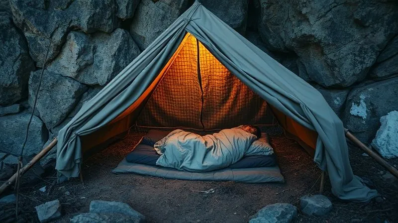 photorealistic, professional photography, 8K, cinematic lighting, sharp focus, depth of field, shot on a high-end DSLR. A well-constructed, temporary wilderness shelter made from natural materials and a tarp, nestled against a rock face, with a visible opening revealing a warm, dry interior where a person is lying comfortably on an insulated bed. The surrounding environment is rugged but the shelter appears secure and protective. photorealistic, professional photography, 8K, cinematic lighting, sharp focus, depth of field, shot on a high-end DSLR. A well-constructed, temporary wilderness shelter made from natural materials and a tarp, nestled against a rock face, with a visible opening revealing a warm, dry interior where a person is lying comfortably on an insulated bed. The surrounding environment is rugged but the shelter appears secure and protective.