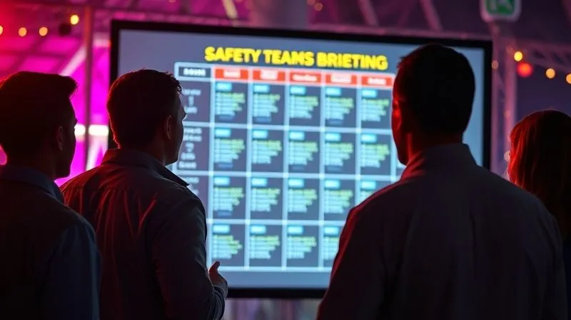 A photorealistic image of a corporate team leader holding a safety briefing before a Carnival event, using a projected risk matrix on a screen, professional photography, 8K, cinematic lighting A photorealistic image of a corporate team leader holding a safety briefing before a Carnival event, using a projected risk matrix on a screen, professional photography, 8K, cinematic lighting