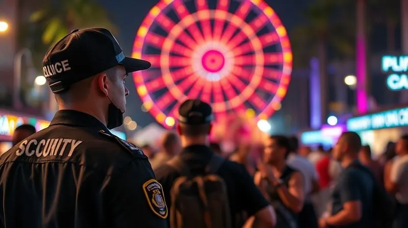 A photorealistic image of security personnel discreetly monitoring a corporate group enjoying a Carnival parade, shot on a high-end DSLR, 8K, cinematic lighting, depth of field A photorealistic image of security personnel discreetly monitoring a corporate group enjoying a Carnival parade, shot on a high-end DSLR, 8K, cinematic lighting, depth of field