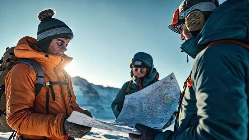 A photorealistic image of an alpine guide meticulously checking equipment and reviewing a map with clients before a climb, professional photography, 8K, cinematic lighting, sharp focus, depth of field, shot on a high-end DSLR, trust and preparation evident.