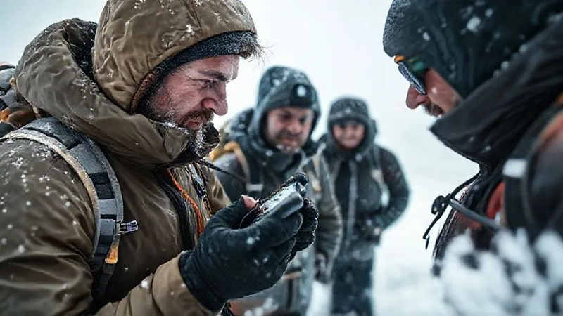 A photorealistic image of an alpine guide expertly using a GPS device and compass in a dense whiteout, their face focused, with clients huddled closely and looking towards the guide for direction, professional photography, 8K, cinematic lighting, sharp focus, depth of field, shot on a high-end DSLR, conveying leadership and trust.