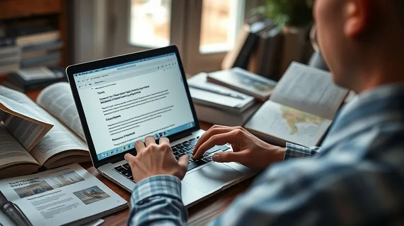 A photorealistic image of a person meticulously writing an email on a sleek laptop, surrounded by open travel guides and restaurant reviews. The setting is a cozy, well-lit study, emphasizing careful planning and research. Cinematic lighting, sharp focus on the laptop screen showing a draft email, depth of field blurring the background. 8K hyper-detailed, professional photography, shot on a high-end DSLR. A photorealistic image of a person meticulously writing an email on a sleek laptop, surrounded by open travel guides and restaurant reviews. The setting is a cozy, well-lit study, emphasizing careful planning and research. Cinematic lighting, sharp focus on the laptop screen showing a draft email, depth of field blurring the background. 8K hyper-detailed, professional photography, shot on a high-end DSLR.