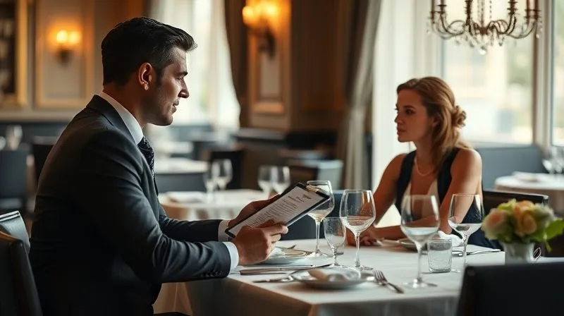 A photorealistic image of a well-dressed diner, seated at a beautifully set table in a fine dining restaurant, subtly and politely conversing with a professional server who is holding a menu. The interaction is respectful and focused, with soft, warm cinematic lighting highlighting their faces. Sharp focus on the conversation, depth of field blurring the elegant background. 8K hyper-detailed, professional photography, shot on a high-end DSLR. A photorealistic image of a well-dressed diner, seated at a beautifully set table in a fine dining restaurant, subtly and politely conversing with a professional server who is holding a menu. The interaction is respectful and focused, with soft, warm cinematic lighting highlighting their faces. Sharp focus on the conversation, depth of field blurring the elegant background. 8K hyper-detailed, professional photography, shot on a high-end DSLR.