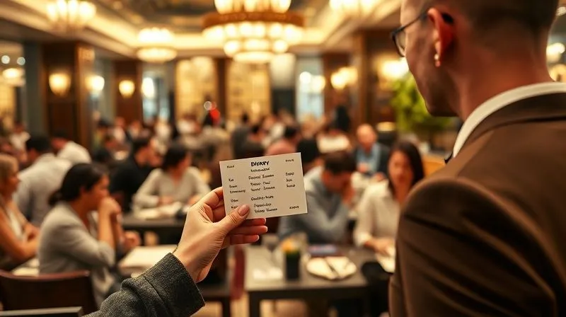 A photorealistic image of a traveler holding a small, professionally printed dietary translation card in a foreign language, discreetly showing it to a polite restaurant host in a bustling, elegant global restaurant setting. The background shows diverse diners and intricate local decor. Cinematic lighting, sharp focus on the card and interaction, depth of field blurring the background. 8K hyper-detailed, professional photography, shot on a high-end DSLR. A photorealistic image of a traveler holding a small, professionally printed dietary translation card in a foreign language, discreetly showing it to a polite restaurant host in a bustling, elegant global restaurant setting. The background shows diverse diners and intricate local decor. Cinematic lighting, sharp focus on the card and interaction, depth of field blurring the background. 8K hyper-detailed, professional photography, shot on a high-end DSLR.