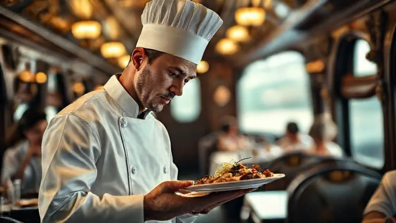 A photorealistic image of a vintage, ornate train dining car with a chef in a crisp white uniform thoughtfully inspecting a plate of food, a subtle look of concentration on his face. In the background, blurred passengers are enjoying their meals. The scene is bathed in warm, cinematic light, emphasizing the dedication to service. Sharp focus on the chef and plate, depth of field, 8K hyper-detailed, professional photography. A photorealistic image of a vintage, ornate train dining car with a chef in a crisp white uniform thoughtfully inspecting a plate of food, a subtle look of concentration on his face. In the background, blurred passengers are enjoying their meals. The scene is bathed in warm, cinematic light, emphasizing the dedication to service. Sharp focus on the chef and plate, depth of field, 8K hyper-detailed, professional photography.