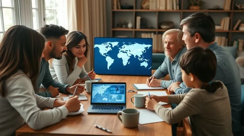 A photorealistic, professional photography, 8K, cinematic lighting, sharp focus, depth of field, shot on a high-end DSLR, depicting a diverse family group (adults and children) gathered around a coffee table, engaged in a lively but harmonious discussion, some taking notes, with a laptop displaying a world map in the background. The atmosphere is warm and collaborative.