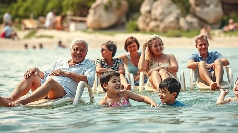 A photorealistic, professional photography, 8K, cinematic lighting, sharp focus, depth of field, shot on a high-end DSLR, depicting a diverse family group (grandparents, parents, children) happily engaged in different activities within a single frame: some relaxing on beach chairs, others swimming, and a few exploring nearby. The scene conveys a sense of harmonious balance and individual enjoyment within a group setting, with bright, natural lighting.