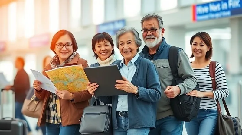 A photorealistic, professional photography, 8K, cinematic lighting, sharp focus, depth of field, shot on a high-end DSLR, depicting a multi-generational family group at an airport, with different members confidently holding different items: one has tickets, another a map, a third a tablet showing directions, and a child proudly carries a small backpack. The scene exudes a sense of organized collaboration and shared responsibility, with warm, natural light.