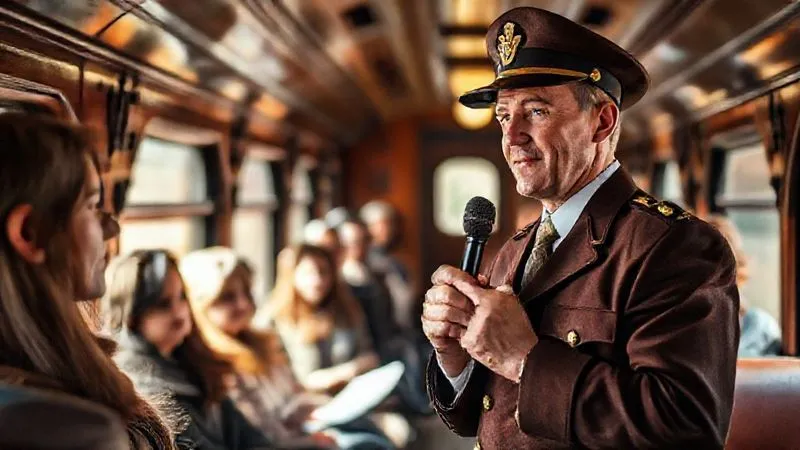 A professional, calm tour manager in a vintage-style uniform, holding a microphone, making an announcement to a group of attentive passengers inside a historical train carriage. The passengers appear concerned but reassured, listening intently. Warm, inviting cinematic lighting, sharp focus on the tour manager's empathetic expression, depth of field blurring the background, shot on a high-end DSLR, conveying clear and comforting communication during a challenging situation. A professional, calm tour manager in a vintage-style uniform, holding a microphone, making an announcement to a group of attentive passengers inside a historical train carriage. The passengers appear concerned but reassured, listening intently. Warm, inviting cinematic lighting, sharp focus on the tour manager's empathetic expression, depth of field blurring the background, shot on a high-end DSLR, conveying clear and comforting communication during a challenging situation.