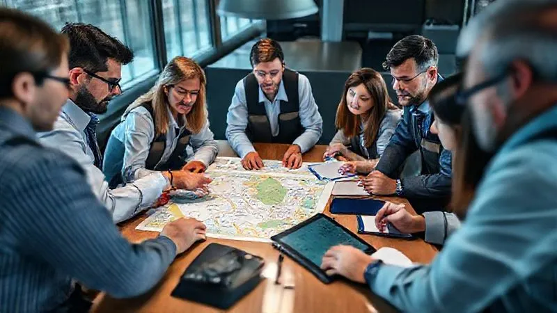 A diverse group of professional tour and railway staff gathered around a large table, reviewing maps and digital screens, engaged in a serious but constructive debriefing session. One person points to a section of a map, while others take notes. The atmosphere is collaborative and focused on learning. Photorealistic, professional photography, 8K, cinematic lighting, sharp focus on the individuals and their tools, depth of field blurring the background, shot on a high-end DSLR, conveying a sense of teamwork and continuous improvement. A diverse group of professional tour and railway staff gathered around a large table, reviewing maps and digital screens, engaged in a serious but constructive debriefing session. One person points to a section of a map, while others take notes. The atmosphere is collaborative and focused on learning. Photorealistic, professional photography, 8K, cinematic lighting, sharp focus on the individuals and their tools, depth of field blurring the background, shot on a high-end DSLR, conveying a sense of teamwork and continuous improvement.